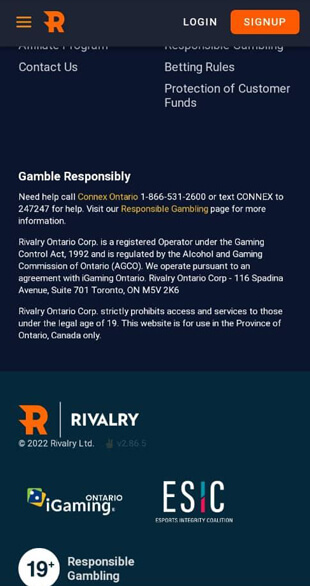 rivalry ontario responsible gambling